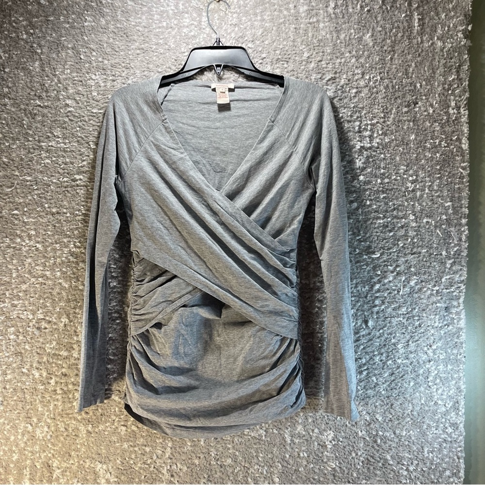 SUNDANCE Gray Stretch Cotton Vanessa Faux Wrap‎ Ruched Knit Top S Cotton Blend